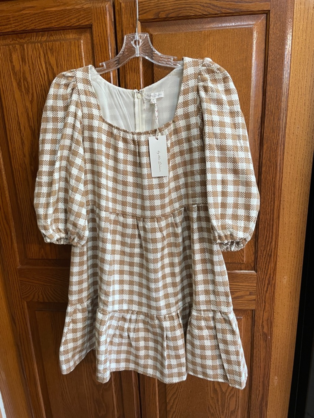 Women's Beige and White Gingham Dress with Puff Sleeves